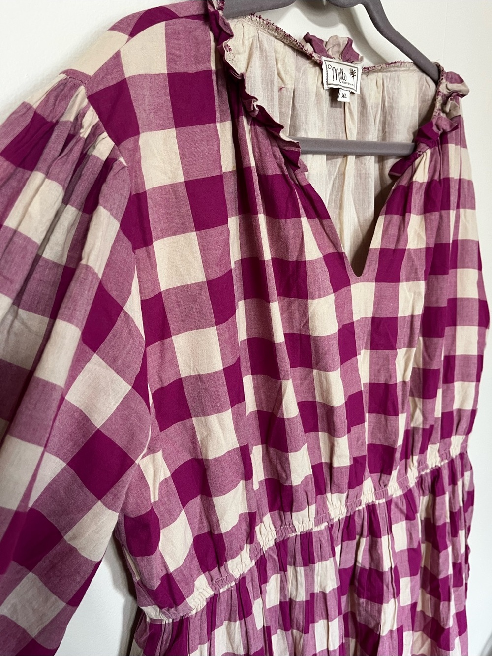 Anthropologie Pink and Cream Gingham Midi Dress with Waist Tie - Picture 5 of 5